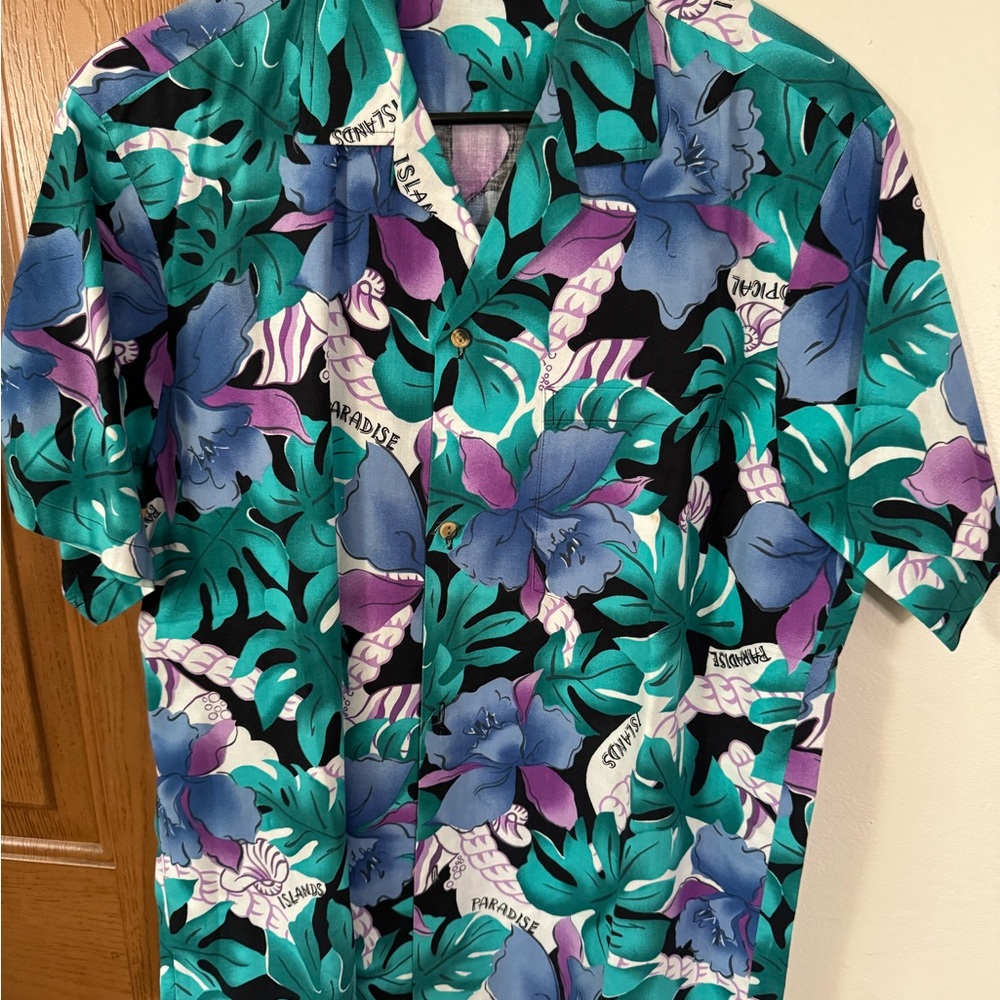 Blue and Green Casual Button Down Shirt with Tropical Print